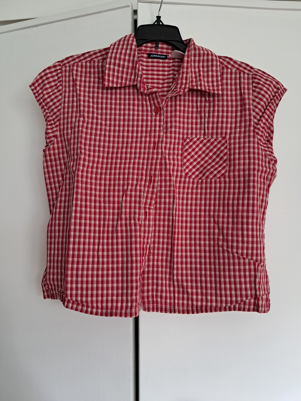 Jordache Red and White Checked Cap-Sleeve Button-Down Shirt